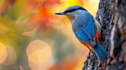 Velvet fronted nuthatch climbing down tree trunk electric blue and red plumage glowing in diffused sunlight crisp sharp focus