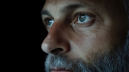 Close-up profile of a man gazing thoughtfully into the distance.  Mature male with thoughtful expression, looking off camera.  Soft lighting highlights facial features