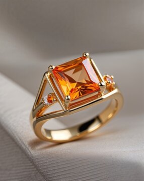 Modern geometric style gold ring with square cut orange topaz gemstone