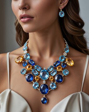 Multi gemstone statement necklace with sapphires and topaz