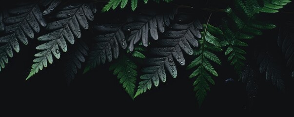 Fern leaves on dark background. Lush green and gray foliage. Moody nature concept. Botanical minimalism. Abstract forest texture. Environmental banner design with copy space.