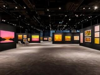 Obraz premium Modern Art Gallery Exhibit for Cityscape View.