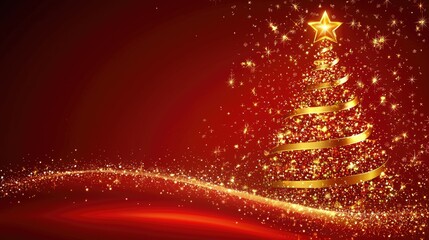 Obraz premium Golden Christmas tree with glowing lights on red background, festive and elegant with space for text. Perfect for holiday cards, seasonal ads, and greeting designs