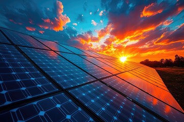 Close-up view of solar panels reflecting vibrant sunset skies, symbolizing renewable energy and sustainability. Ideal for eco campaigns, energy reports, and green tech promotions