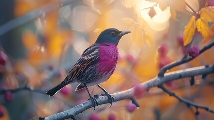 Obraz premium Violet backed starling perched a high branch deep purple iridescent feathers catching the light intricate details soft blurred forest behind