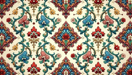 Naklejka premium Symmetrical paisley damask pattern with swirling vines and intricate details in muted tones , decoration, illustration, jacquard