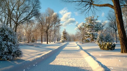 Snow-covered landscape glowing under soft winter light, creating an enchanting winter wonderland.