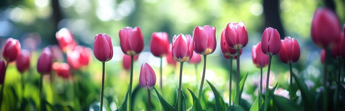 Vibrant pink tulips bloom in a sunlit garden. - Powered by Adobe