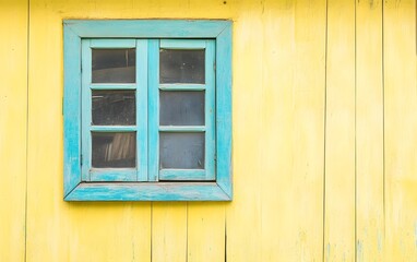 Rustic Yellow Wooden Wall with Teal Window