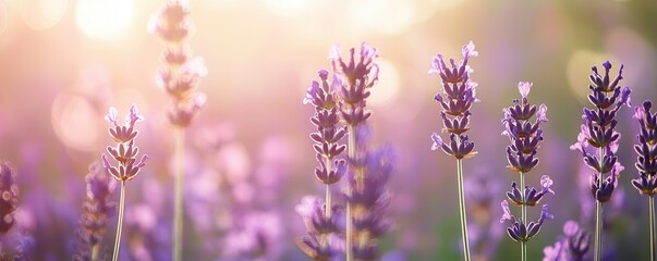 Fototapeta premium Lavender flowers basking in golden sunlight at dusk.