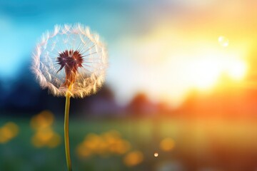 Fototapeta premium Dreamy dandelion at sunset. Fragile beauty of nature. Blurred meadow background with warm light. Wish and hope concept. Inspirational summer landscape for wallpaper