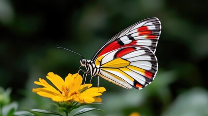 Fototapeta premium Vibrant butterfly on a flower. A striking butterfly with vibrant red, white, and yellow wings rests delicately on a bright yellow flower.