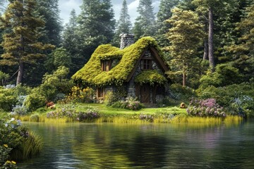 Obraz premium Enchanted cottage by a lake in a lush forest