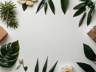 The plain background makes the gifts and flowers stand out.