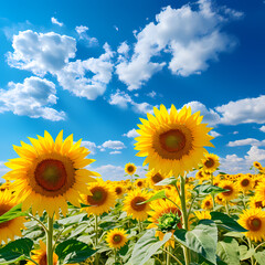 Fototapeta premium A field of sunflowers under a blue sky. 
