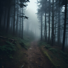 Naklejka premium A foggy forest with trees disappearing into the mist