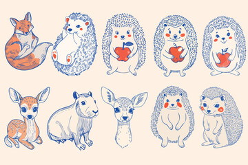 Cute and funny Animals illustrations Animals Illustration set Handmade scribbles doodle illustrations vector