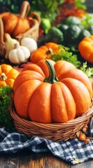Autumn Harvest: Close-up of a Single Orange Pumpkin in a Basket with Other Pumpkins and Fall Vegetables