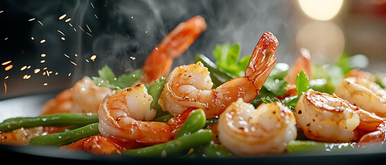 Sizzling shrimp and green beans stir-fry gourmet kitchen food photography culinary delight close-up view fresh ingredients showcase