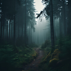 Fototapeta premium A foggy forest with trees disappearing into the mist