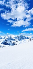 Majestic snow-covered mountains under a vibrant blue sky with scattered white clouds. A serene winter landscape with crisp white snow and rugged peaks. Ai generative