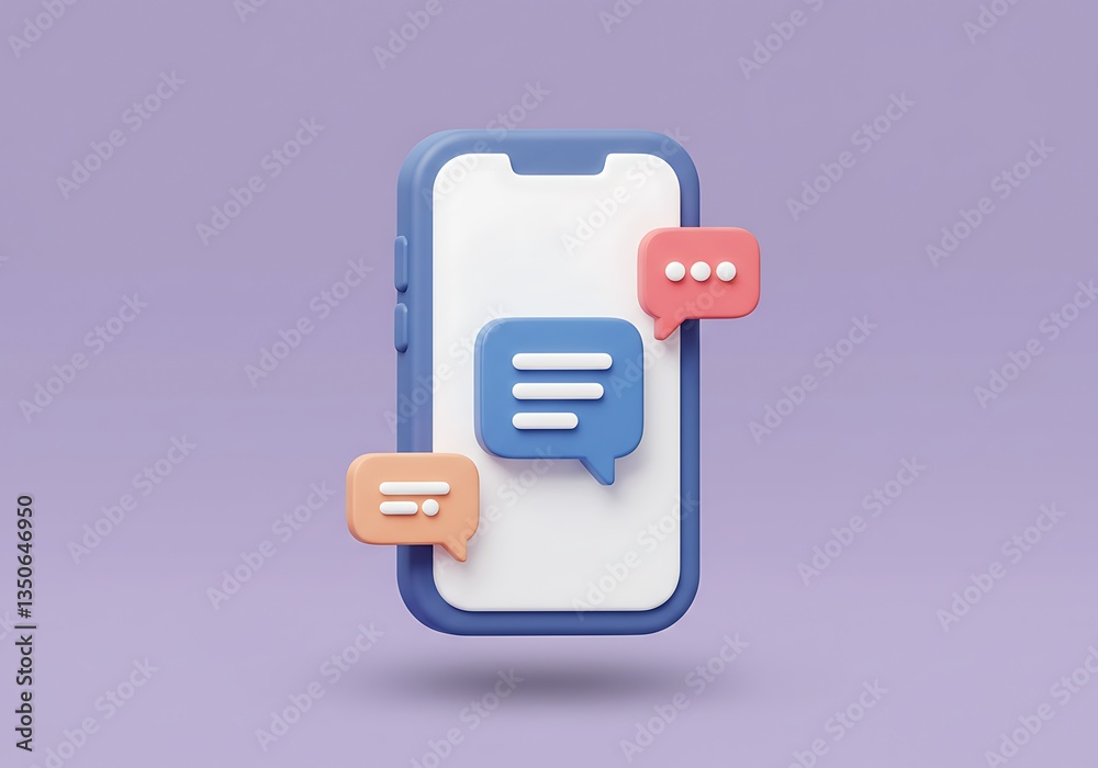 Wall mural a 3d icon of a phone with a message pop-up or push notification on the screen