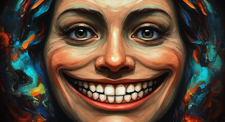 Obraz premium Expressive Face with Wide Smile and Colorful Brushstrokes for Art