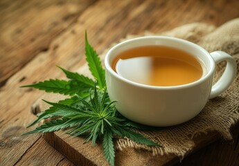 Herbal tea infused with cannabis leaves on a rustic wooden table.