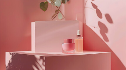 Stylish pink skincare products elegantly displayed on geometric podiums with soft shadows and foliage
