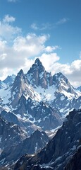 Fototapeta premium Majestic snow-covered mountains with sharp peaks under a bright blue sky with scattered clouds. A breathtaking nature landscape perfect for wallpaper. Ai generative