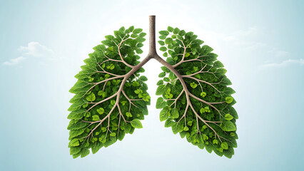 Conceptual image human lungs made of green leaves, trees lungs of the planet, fresh breath, ecology, clean energy, modern design, magazine style. Copy space, 3D illustration, 3D rendering