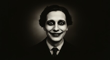 Smiling Man with Clown-like Makeup and Suit Against a Dark Background