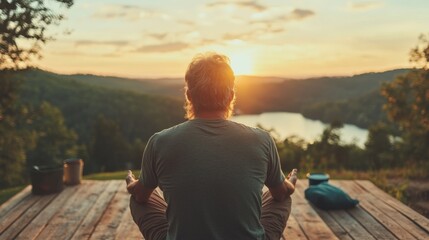 Meditating man at sunrise serene lake view nature peaceful environment scenic landscape mindfulness concept