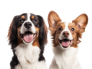 Happy and Playful Dogs Portrait: Two Adorable Puppies Smiling on White Background