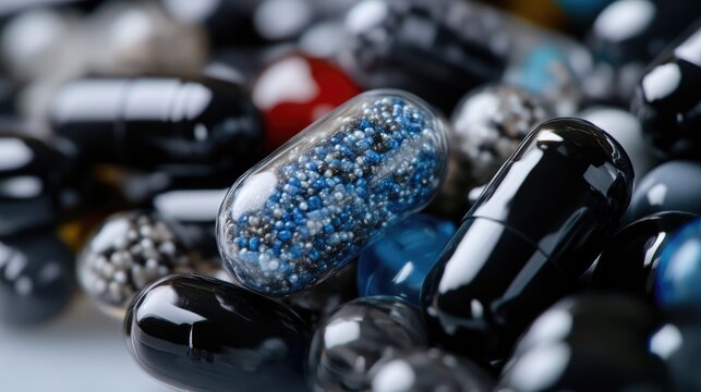 Transparent capsule filled with blue micro-granules lies among glossy black pills in a close-up studio setting.