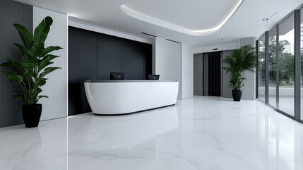 Modern minimalist lobby reception area with smooth white marble floor and dark accents.  Plants add a touch of nature