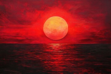 Fiery sunset over crimson sea, dramatic painting