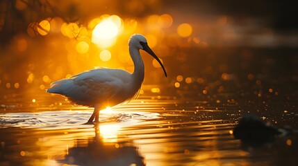 White ibis wading through shallow water sunset long curved beak dipping below the surface soft golden hues reflecting on the rippling water perfect clarity