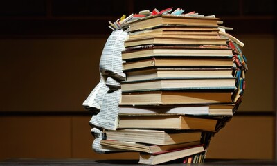 Book Sculpture Head Profile Neutral Tones and Stacked Books