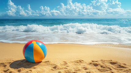 Obraz premium A colorful beach ball resting on golden sand with ocean in the background
