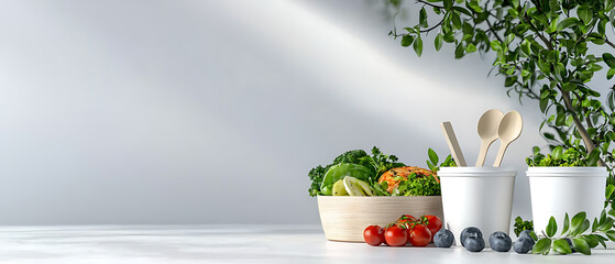 Eco-friendly food containers set with fresh ingredients on white surface minimalist kitchen environment sustainable living concept