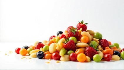 Pile of colorful junk food on white background, snacks, studio shot