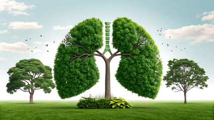 Conceptual image human lungs made of green leaves, trees lungs of the planet, fresh breath, ecology, clean energy, modern design, magazine style. Copy space, 3D illustration, 3D rendering