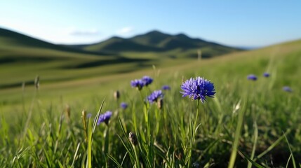 Fototapeta premium Purple wildflowers bloom in a lush green grassy meadow with rolling hills and mountains under a clear blue sky.