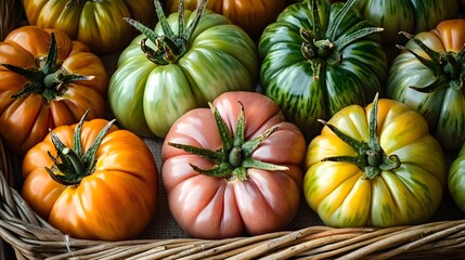 Vibrant Heirloom Tomatoes in Rustic Basket