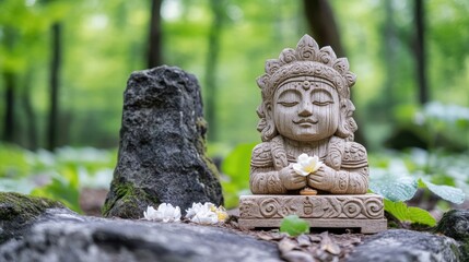 Obraz premium Small stone statue of a serene figure in a lush forest setting. A peaceful stone Buddha-like figurine sits amidst rocks and flowers in a verdant outdoor environment