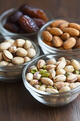 Assorted Nuts and Dates in Glass Bowls: Close-up of Pistachios, Almonds, and Dates