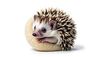 Obraz premium Tiny hedgehog curled in a ball, isolated on pure white background, hedgehog, isolated animal