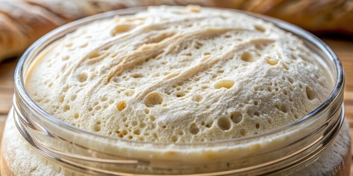 Close-up shot of a bubbly sourdough bread dough starter with visible fermentation activity and intricate texture , food, closeup