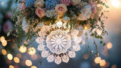Elegant floral arrangement illuminated by soft lights during a romantic evening celebration
